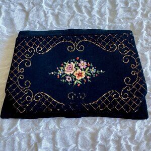 1930s Vintage Black Floral Petit Point Embroidered Clutch